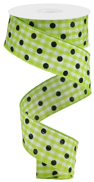 1.5"x10yd Polka Dot Gingham, Lime/White/Black  F20 ***ARRIVING LATE FALL 2024***