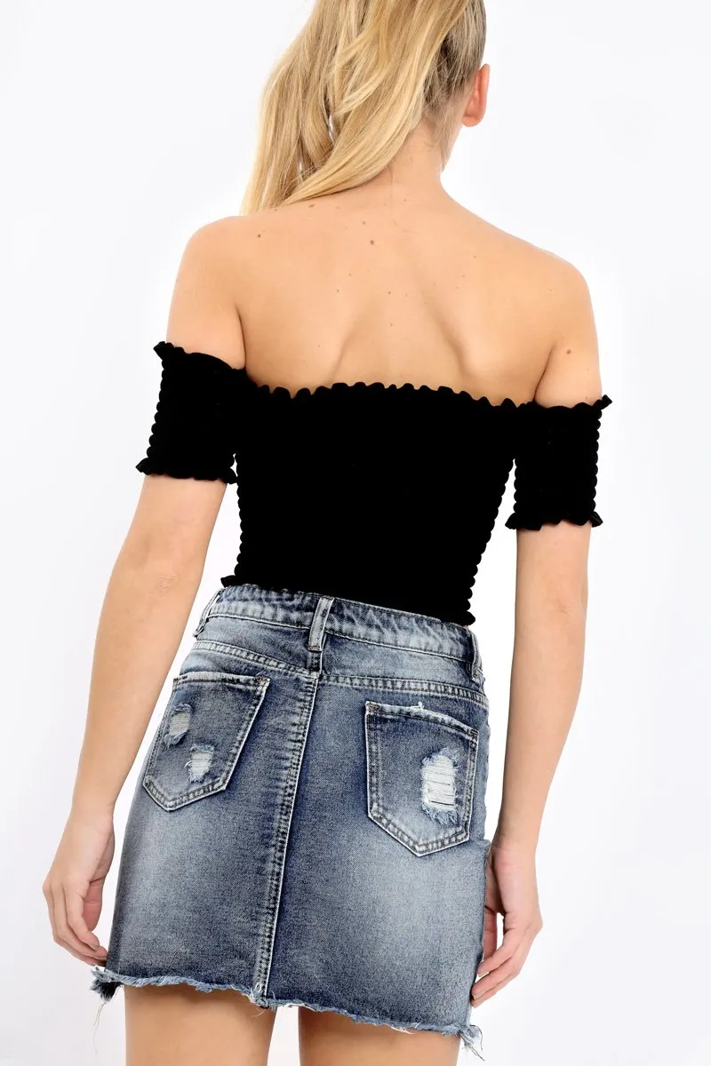 Black Bardot Frill Shirred Crop Top - Kailah