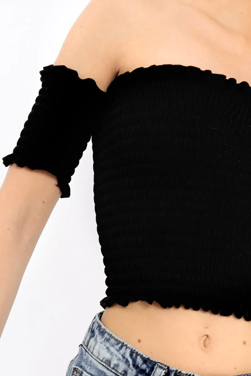 Black Bardot Frill Shirred Crop Top - Kailah