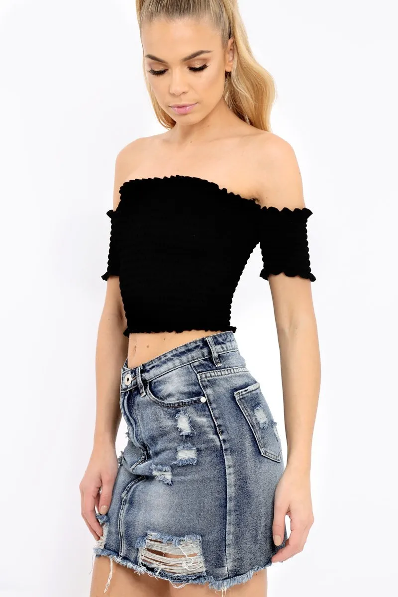 Black Bardot Frill Shirred Crop Top - Kailah