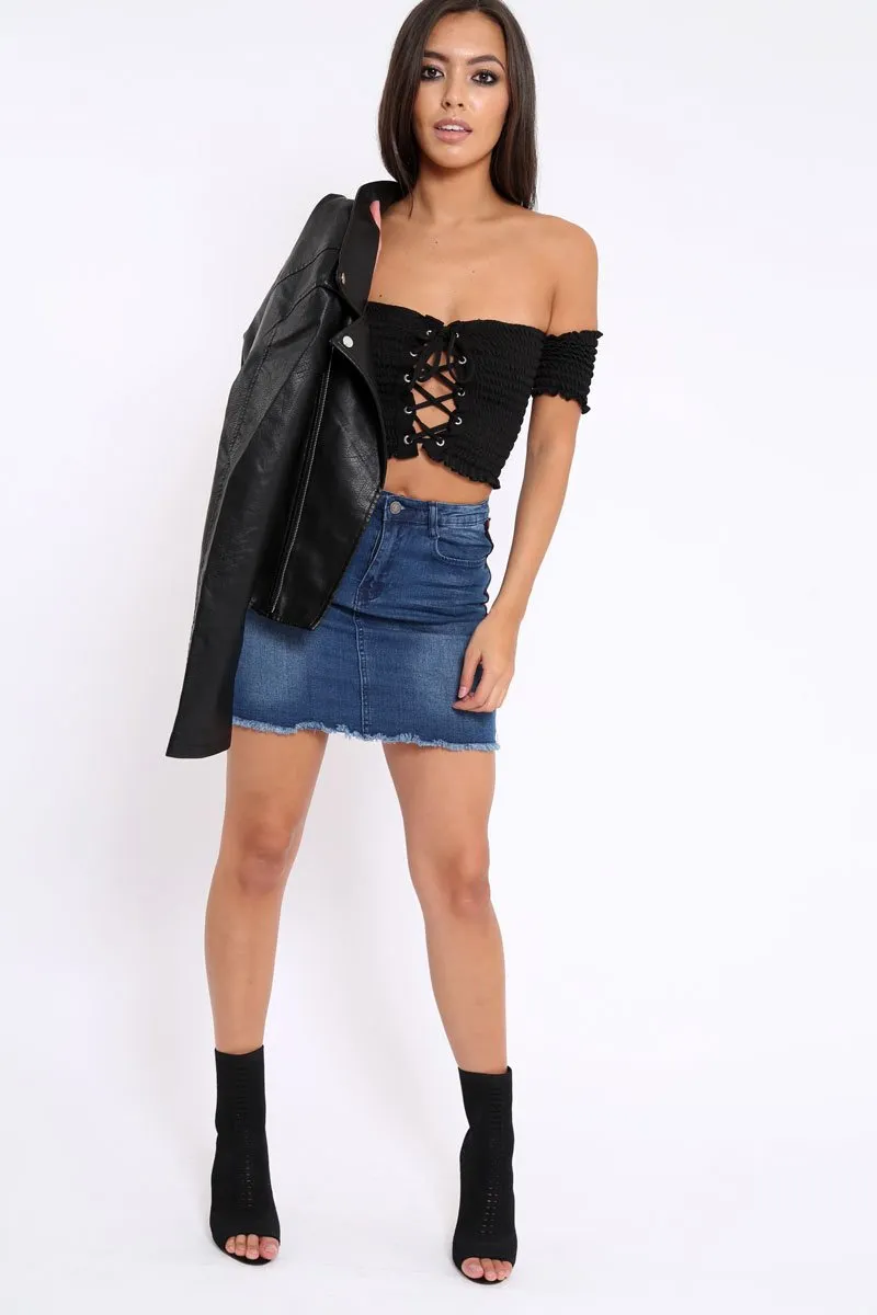 Black Bardot Lace Up Frill Shirred Crop Top - Linsa