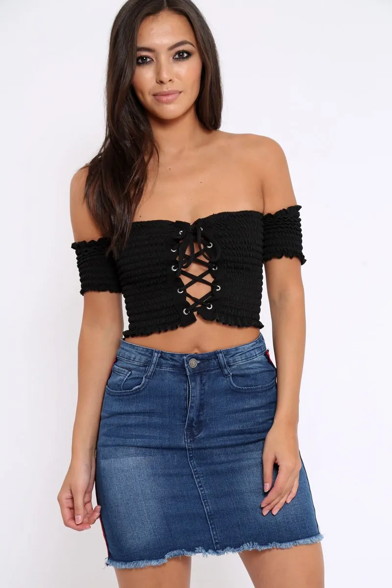 Black Bardot Lace Up Frill Shirred Crop Top - Linsa