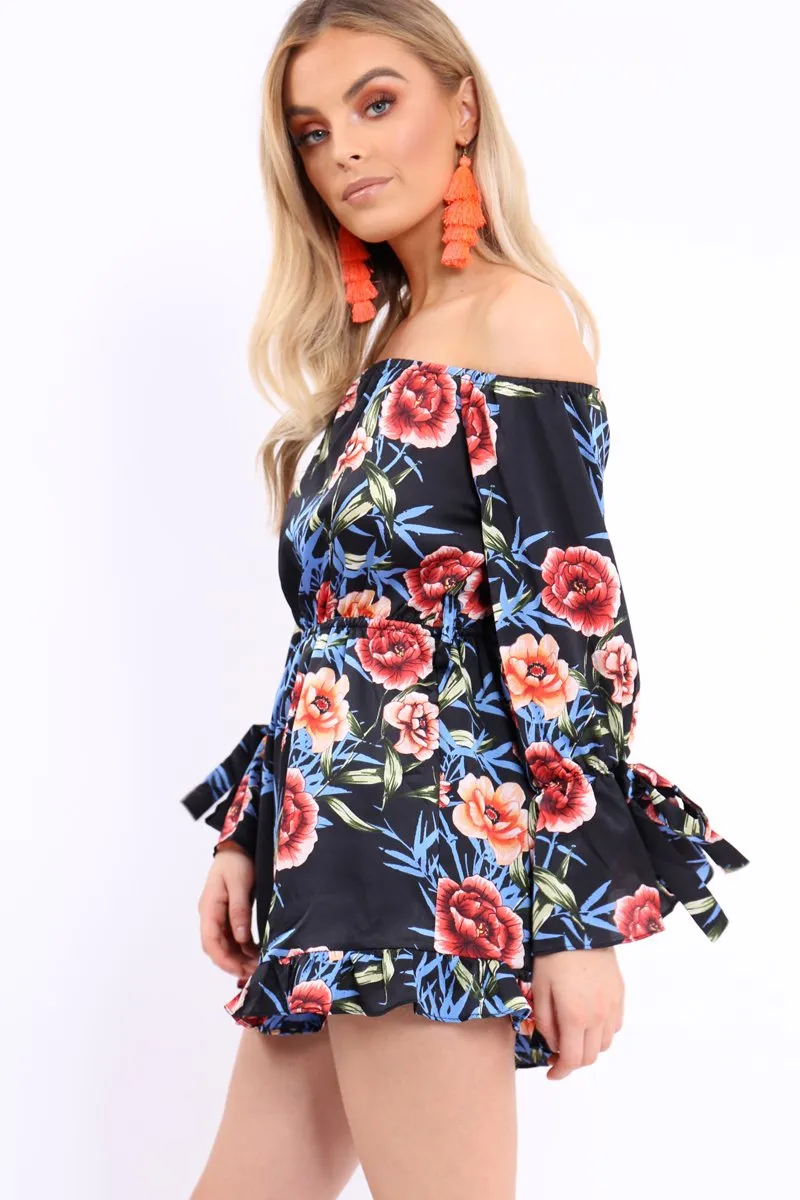 Black Floral Bardot Playsuit with Frill Hem and Cuffs - Farhanna