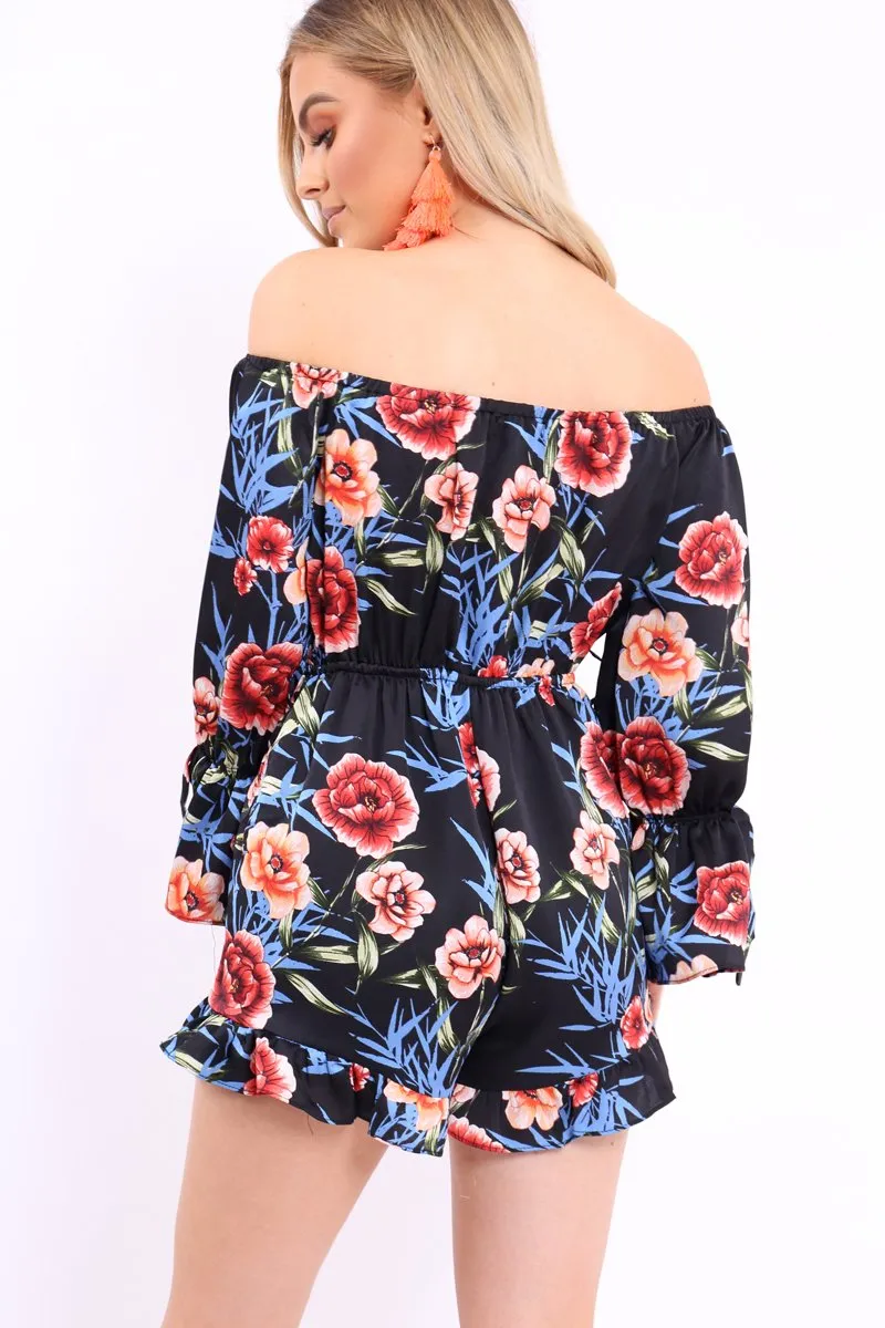 Black Floral Bardot Playsuit with Frill Hem and Cuffs - Farhanna