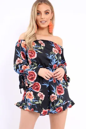 Black Floral Bardot Playsuit with Frill Hem and Cuffs - Farhanna