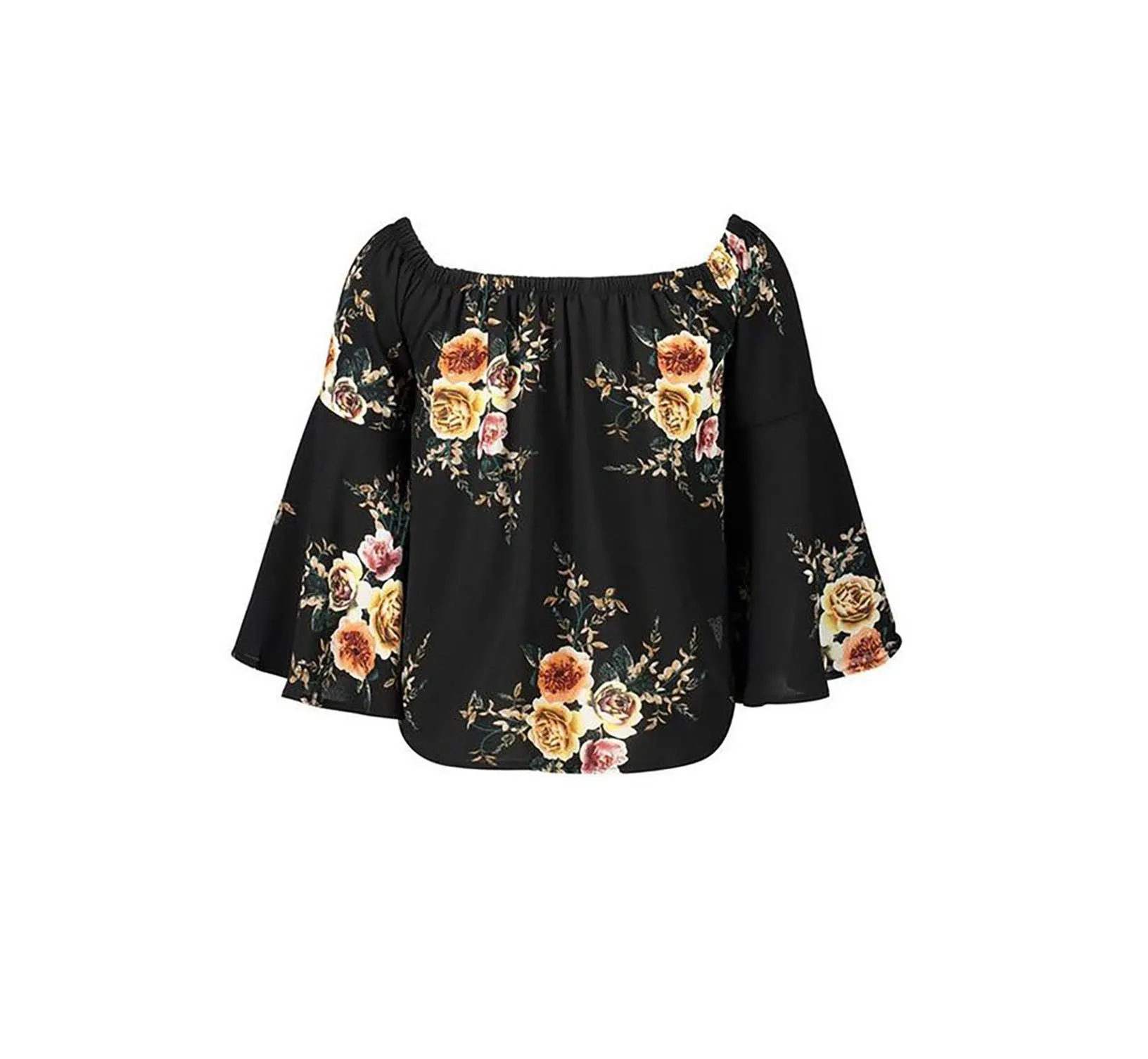 Black Floral Print Off Shoulder Top