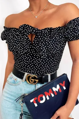 Black Polka Dot Bow Front Milkmaid Crop Top - Talaya