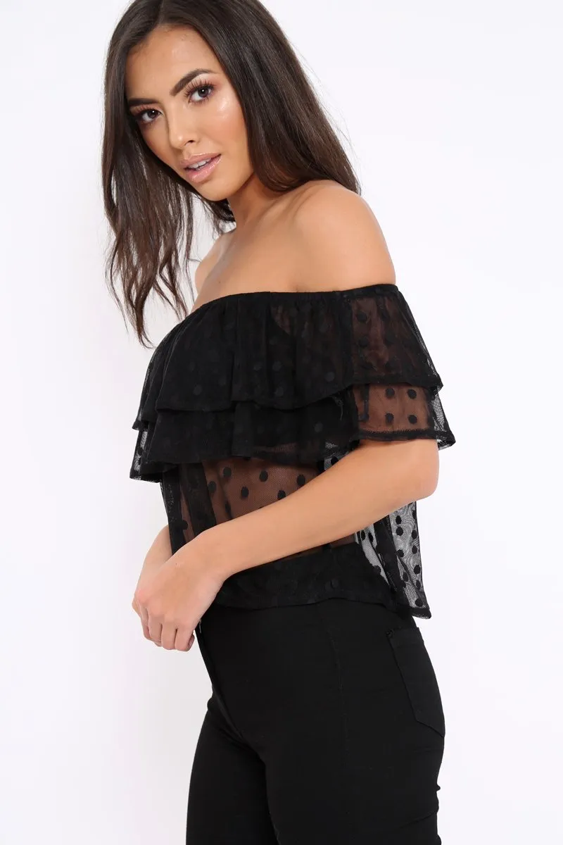 Black Sheer Bardot Polka Dot Top - Daina