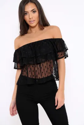 Black Sheer Bardot Polka Dot Top - Daina