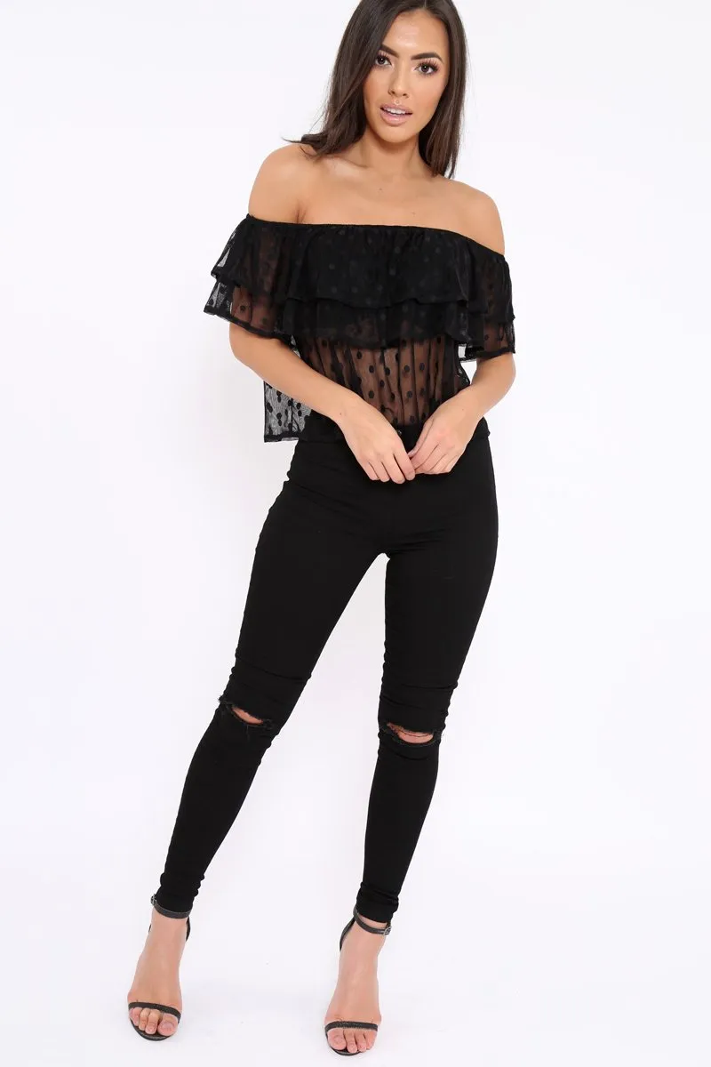 Black Sheer Bardot Polka Dot Top - Daina