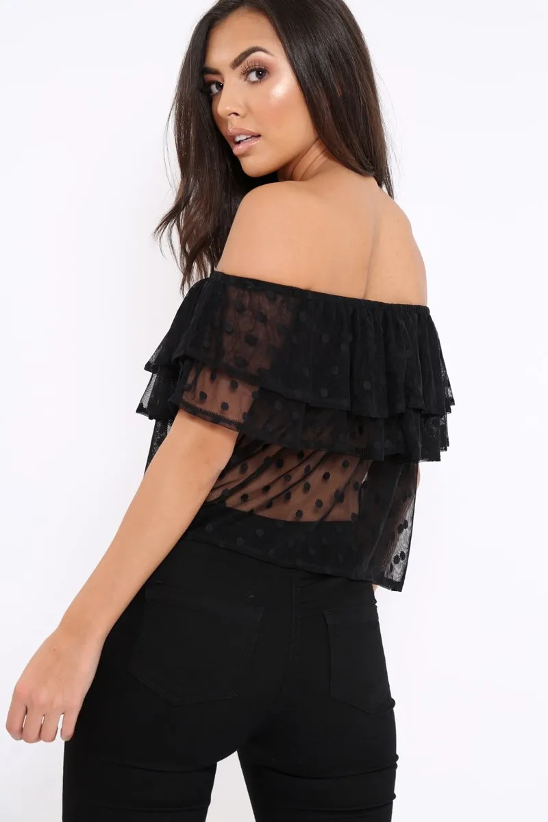 Black Sheer Bardot Polka Dot Top - Daina