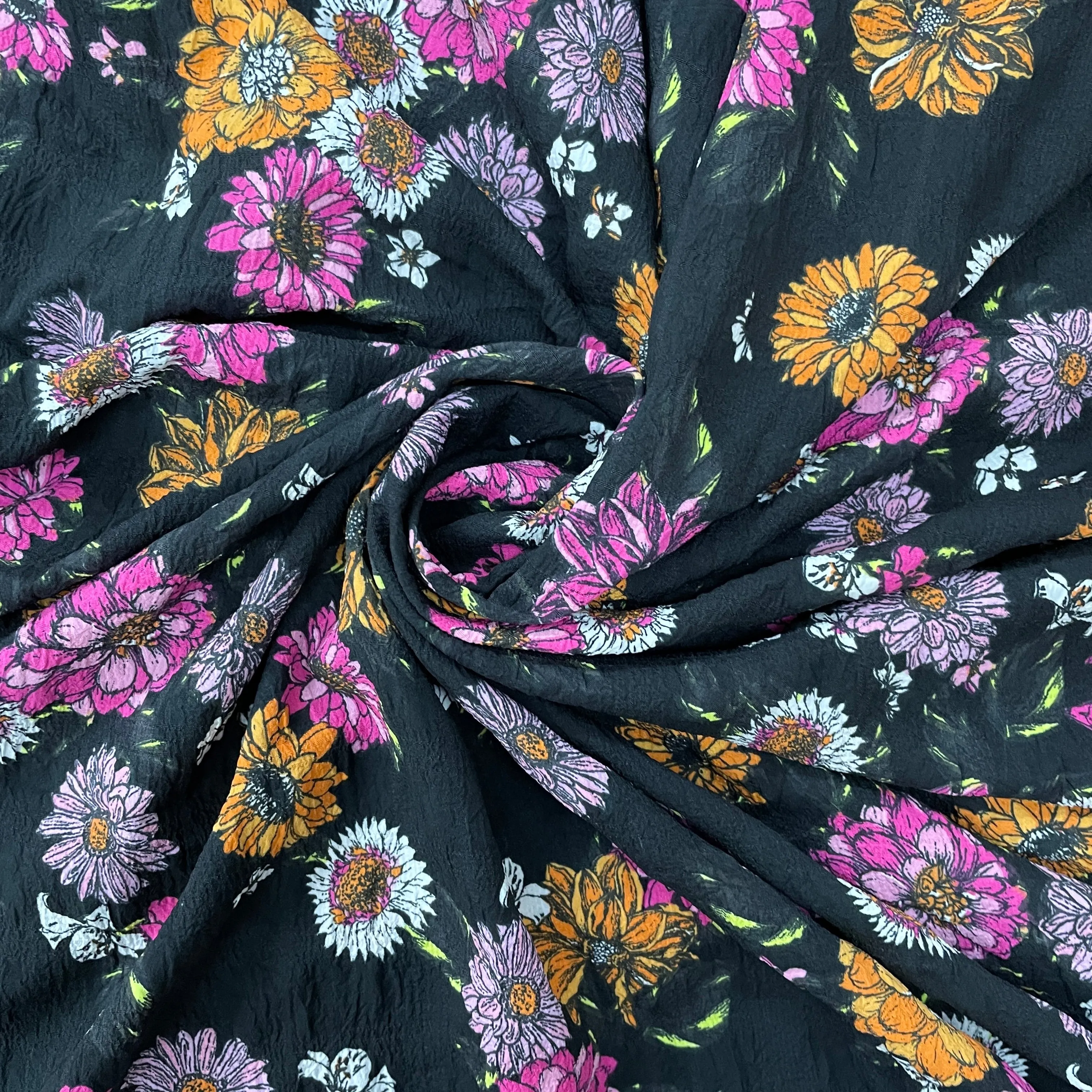 Black With Multicolor Floral Print Moss Crepe Fabric