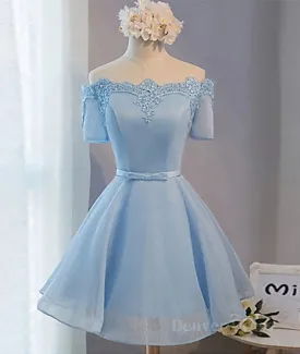 Blue Short Sleeves Lace-up Organza Bow Prom Dresses Homecoming Dresses