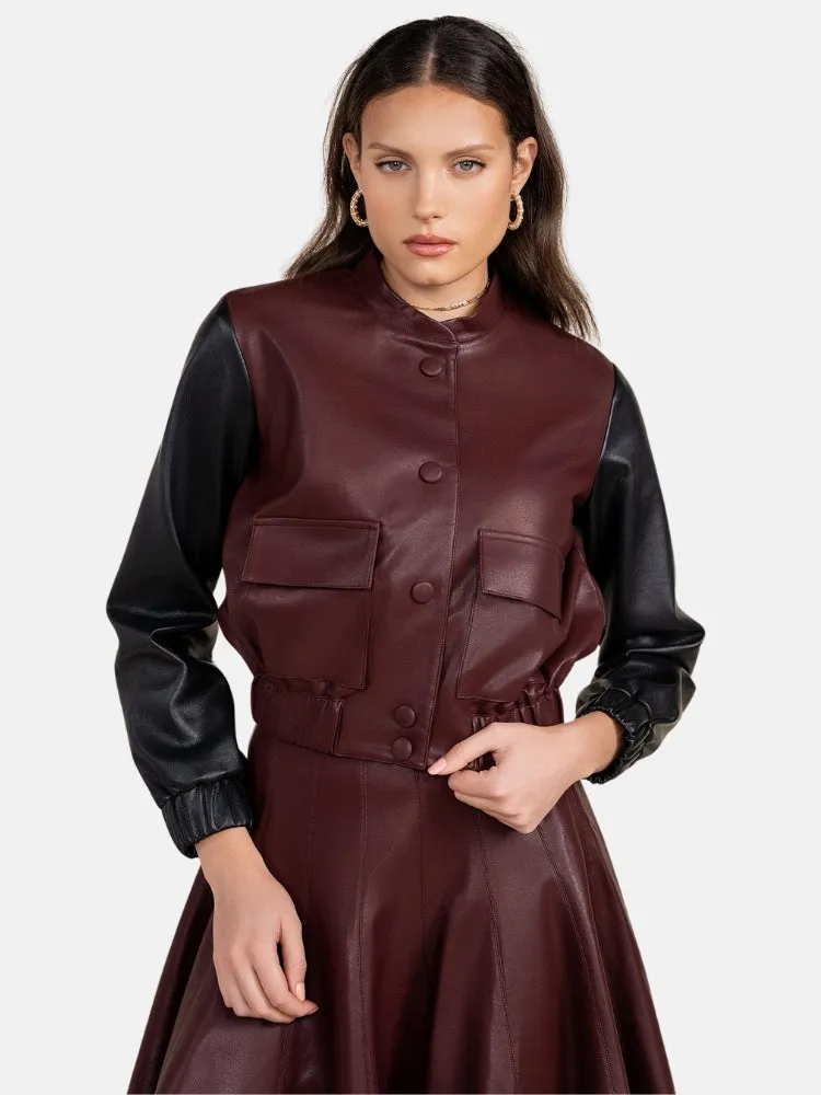 Blys Leather Bomber in Deep Merlot / Black