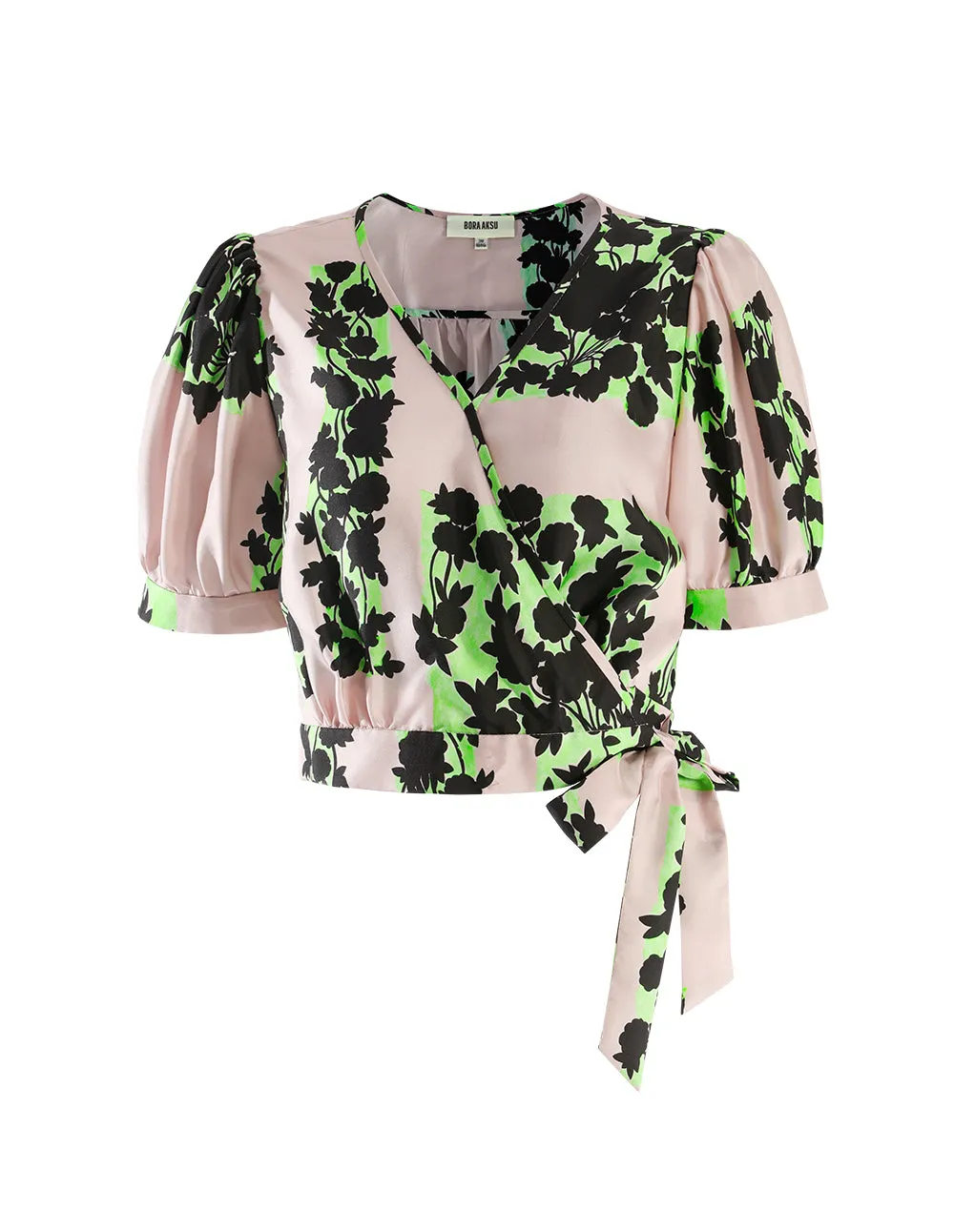 BORA AKSU Overlapping V-neck ties pink green silk top