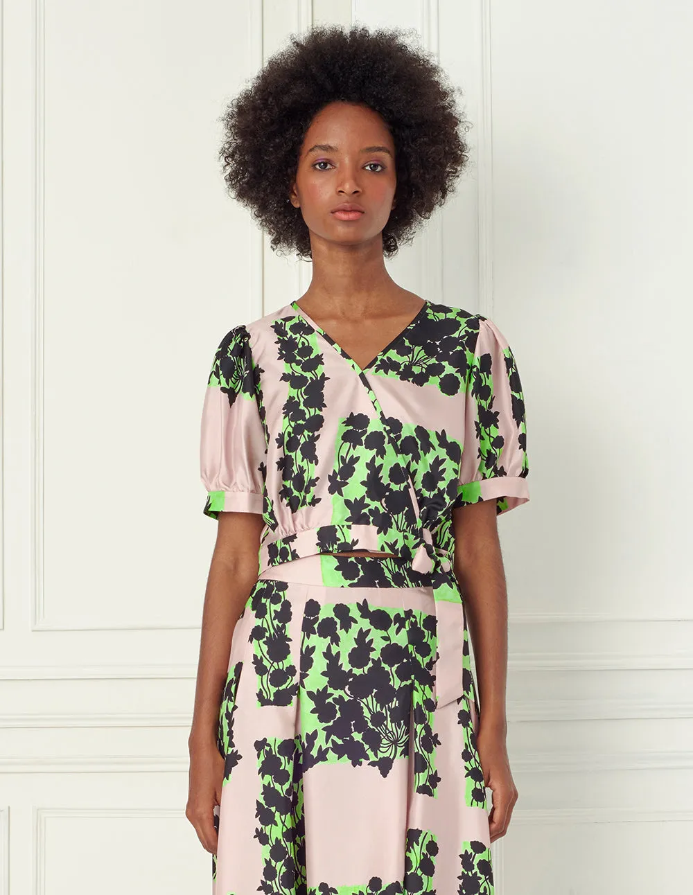 BORA AKSU Overlapping V-neck ties pink green silk top