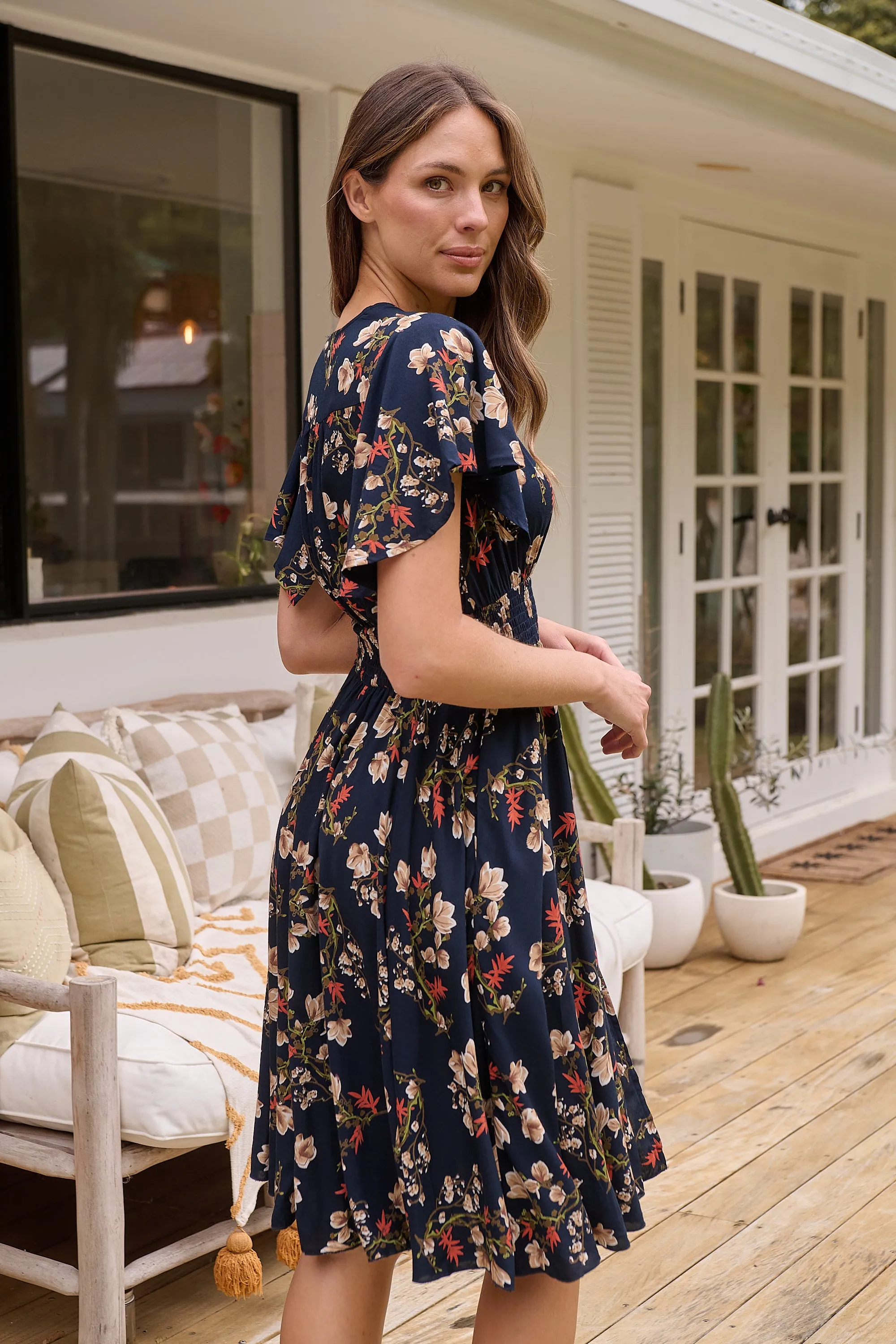 Carina Button Front Navy/Red Floral Print Summer Dress