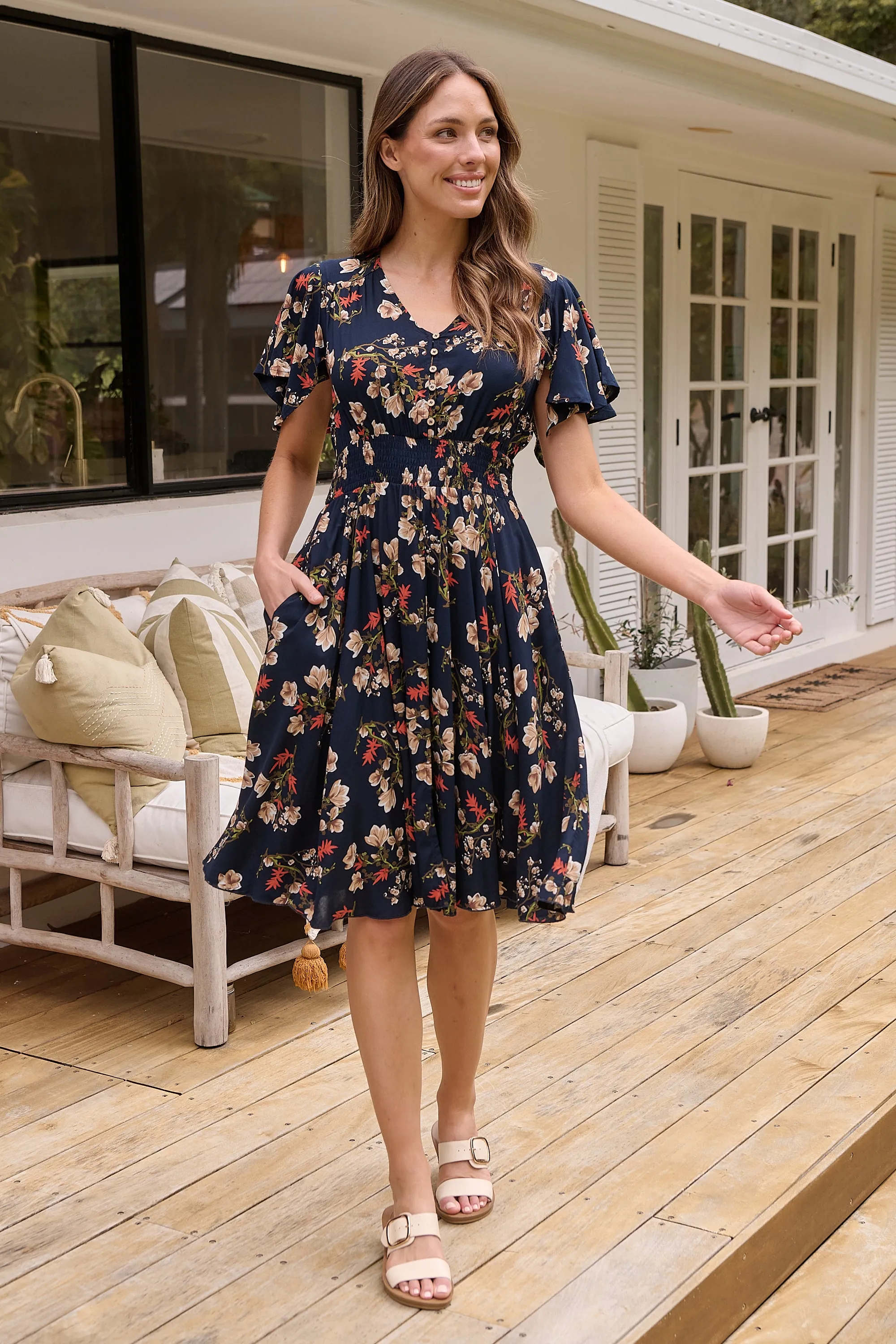 Carina Button Front Navy/Red Floral Print Summer Dress