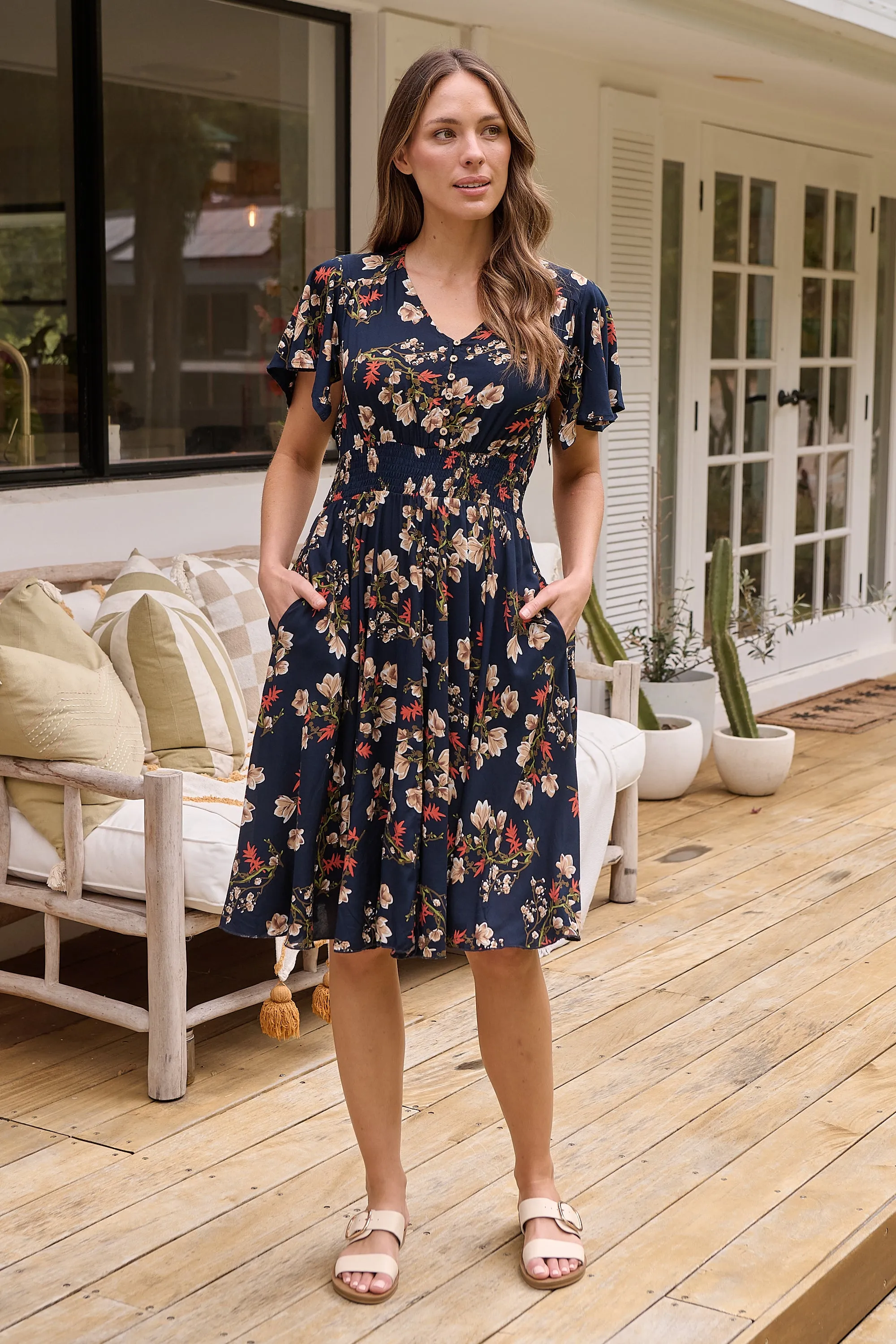 Carina Button Front Navy/Red Floral Print Summer Dress