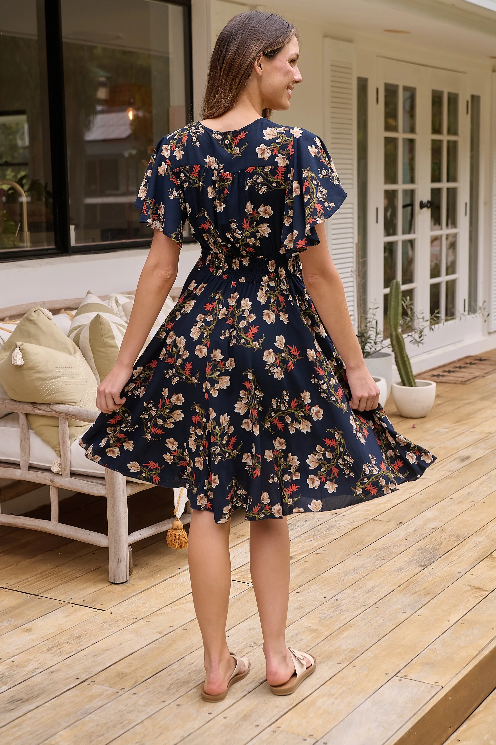 Carina Button Front Navy/Red Floral Print Summer Dress