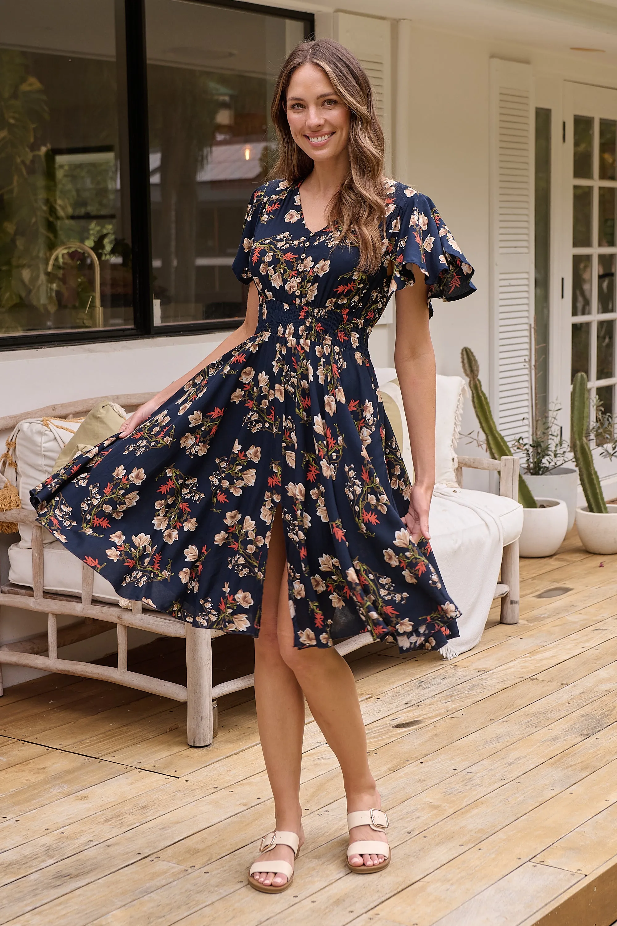 Carina Button Front Navy/Red Floral Print Summer Dress