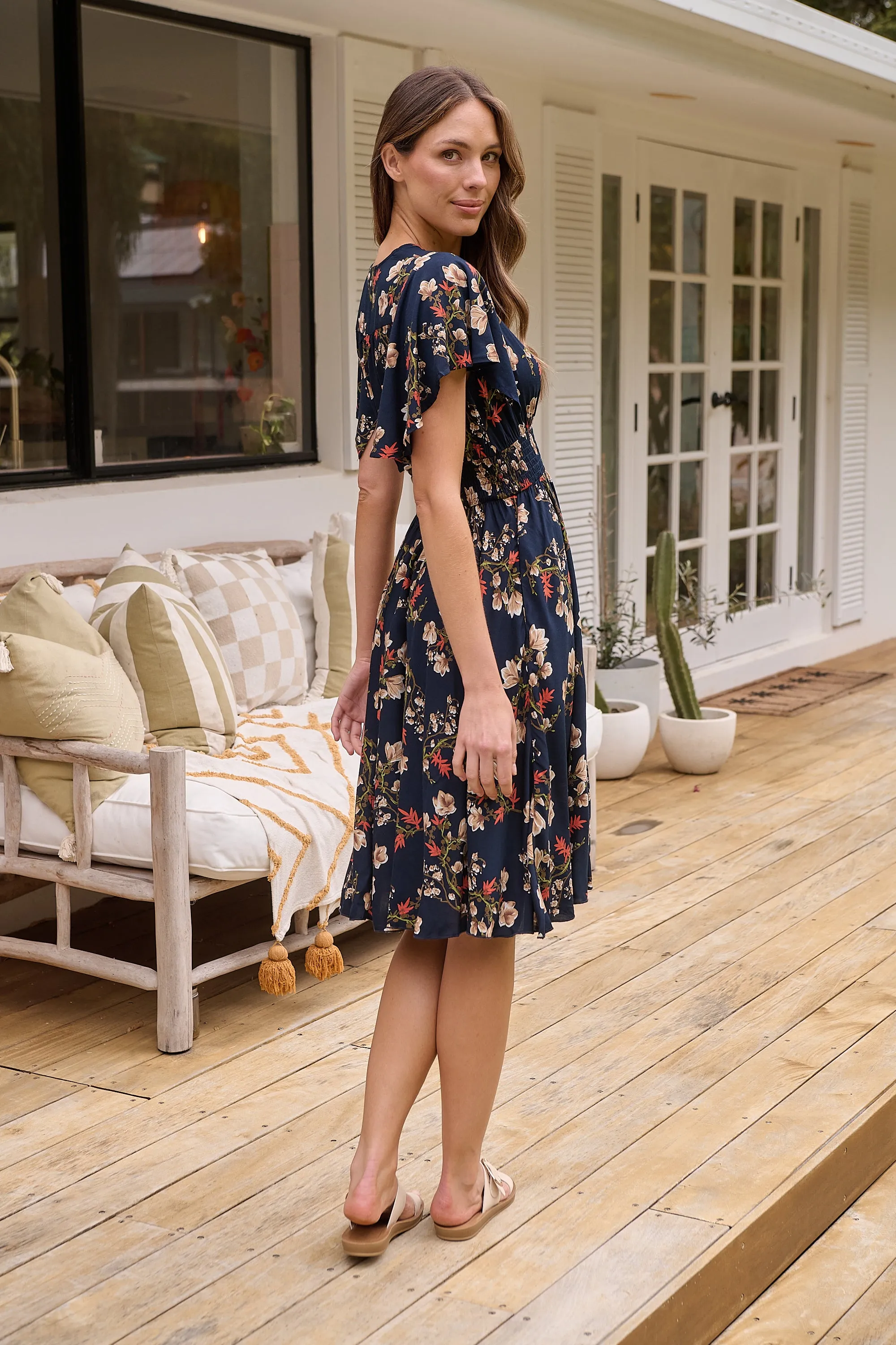 Carina Button Front Navy/Red Floral Print Summer Dress