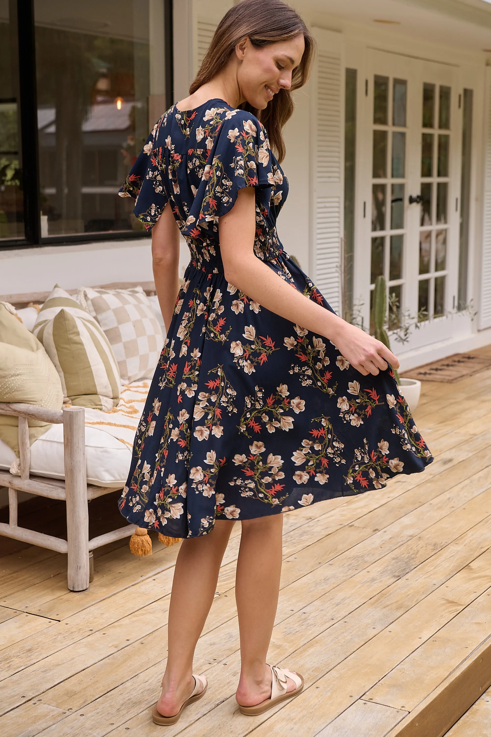 Carina Button Front Navy/Red Floral Print Summer Dress