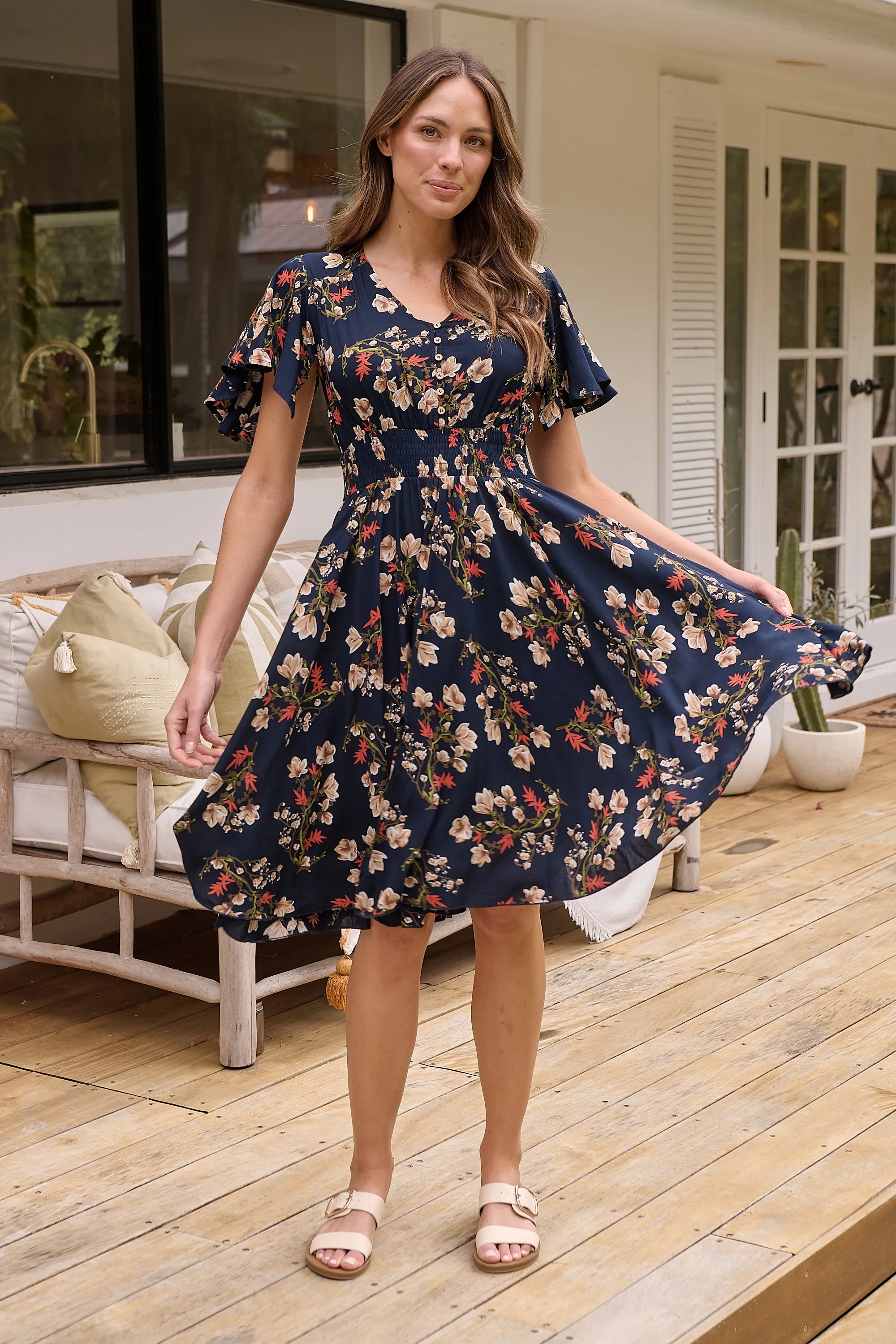 Carina Button Front Navy/Red Floral Print Summer Dress