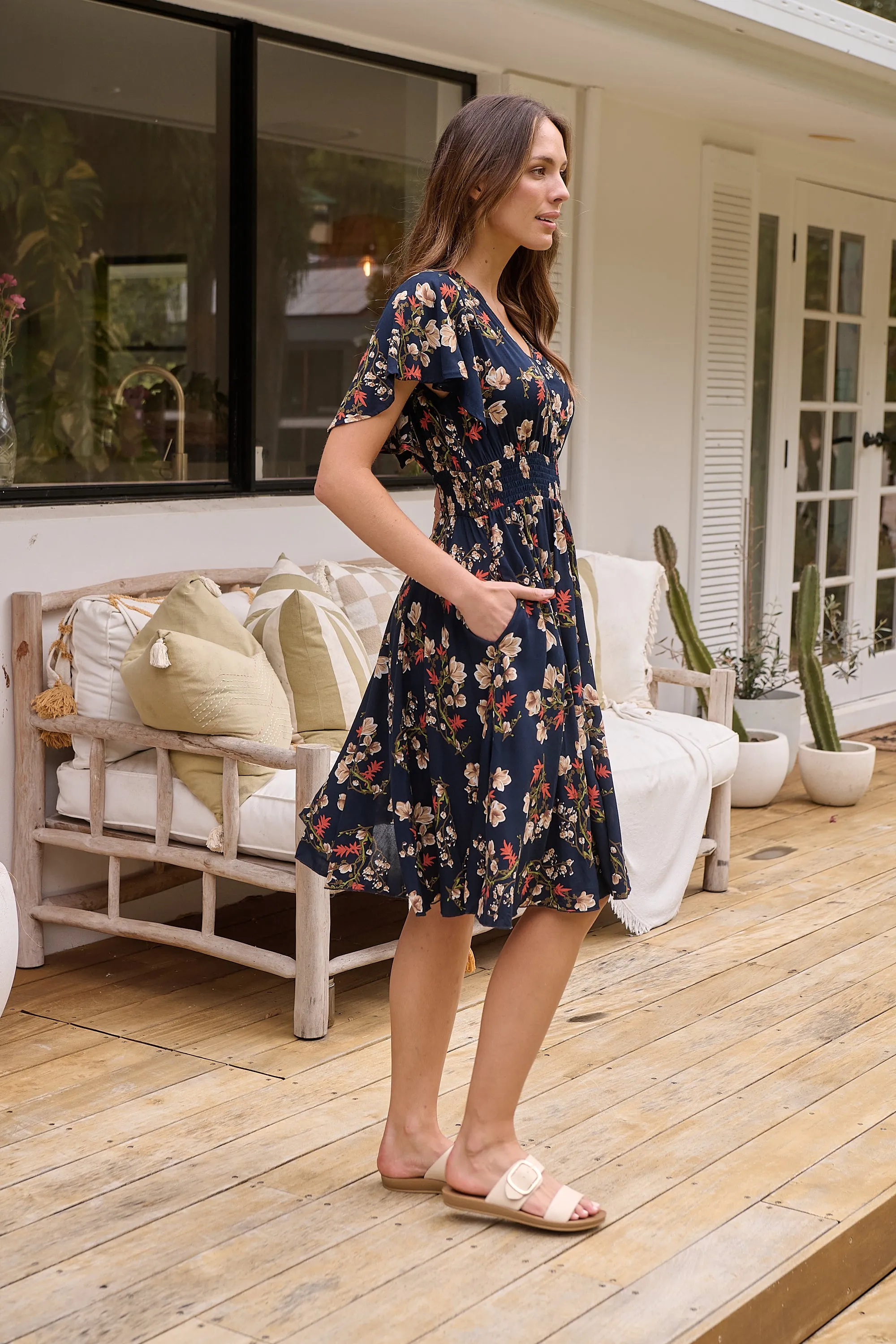 Carina Button Front Navy/Red Floral Print Summer Dress