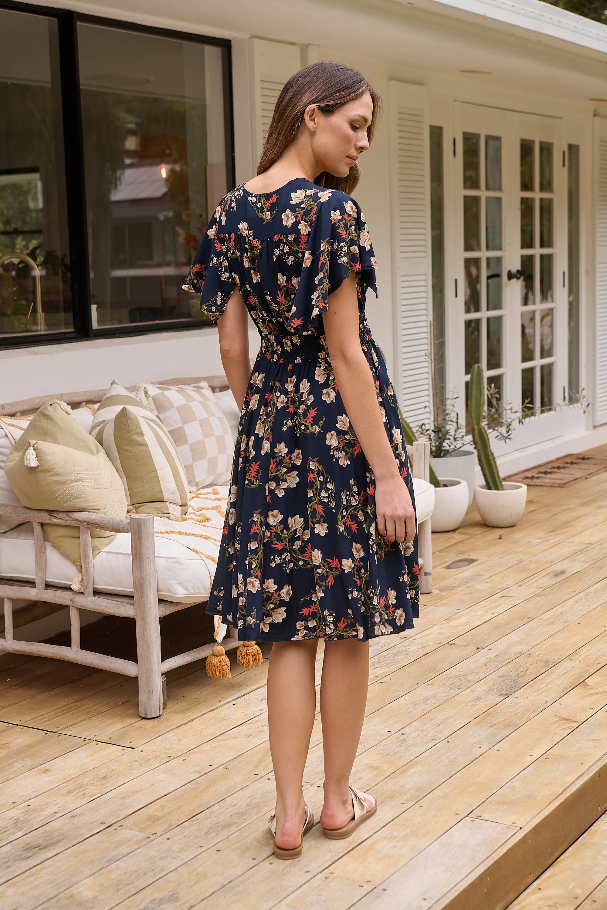 Carina Button Front Navy/Red Floral Print Summer Dress