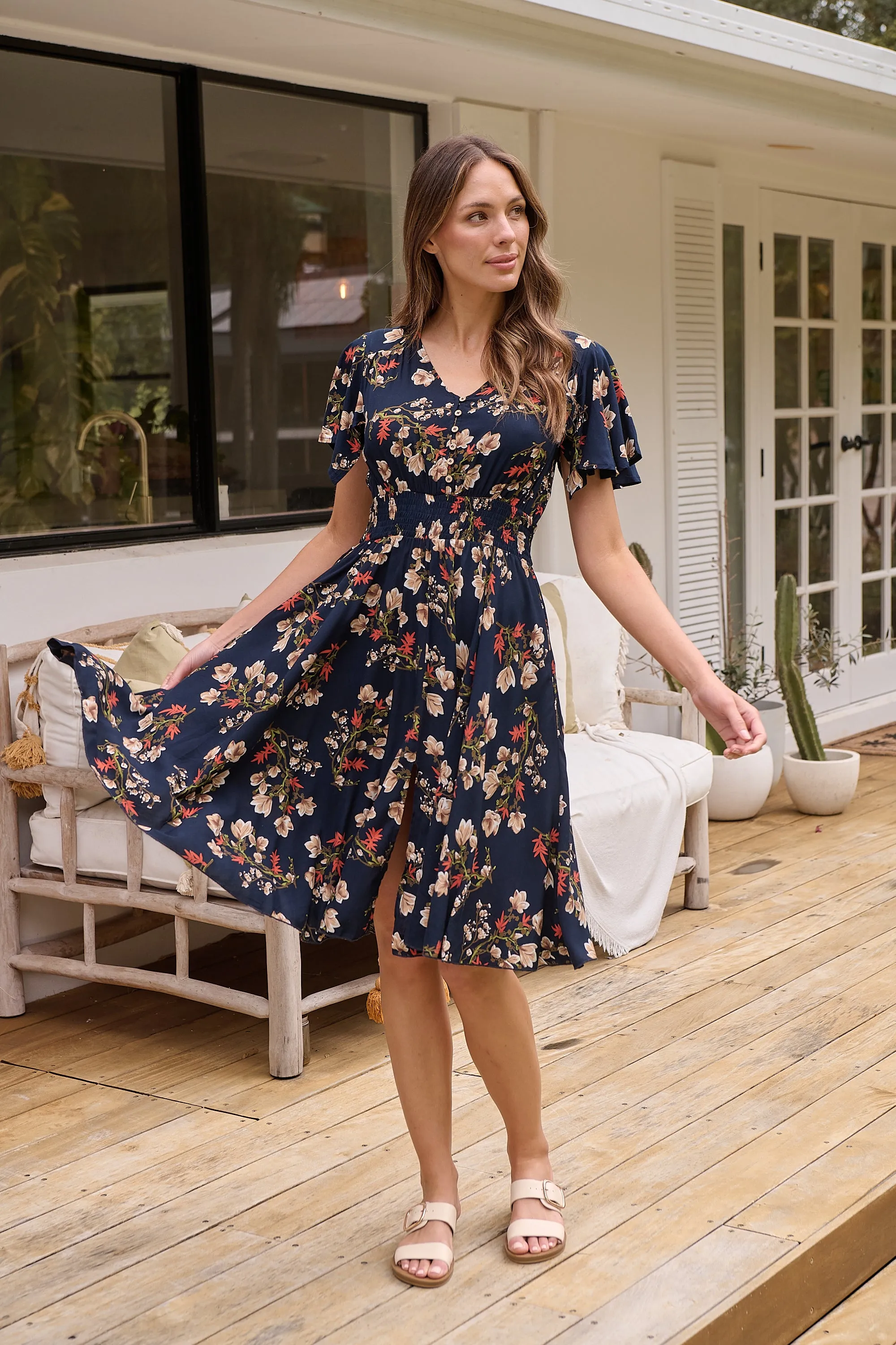 Carina Button Front Navy/Red Floral Print Summer Dress