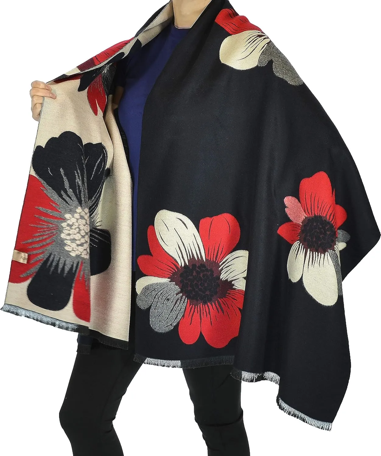 Cashmere Pashmina Shawls, Winter Reversible Blanket Scarves For Women Flower