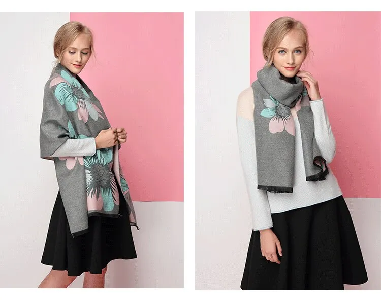 Cashmere Pashmina Shawls, Winter Reversible Blanket Scarves For Women Flower