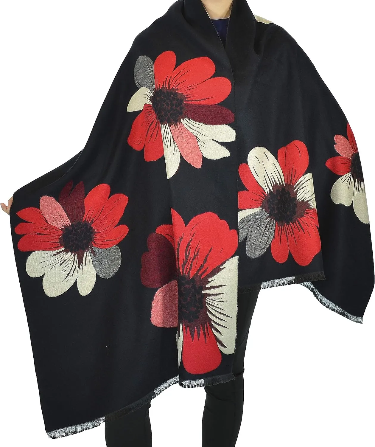 Cashmere Pashmina Shawls, Winter Reversible Blanket Scarves For Women Flower