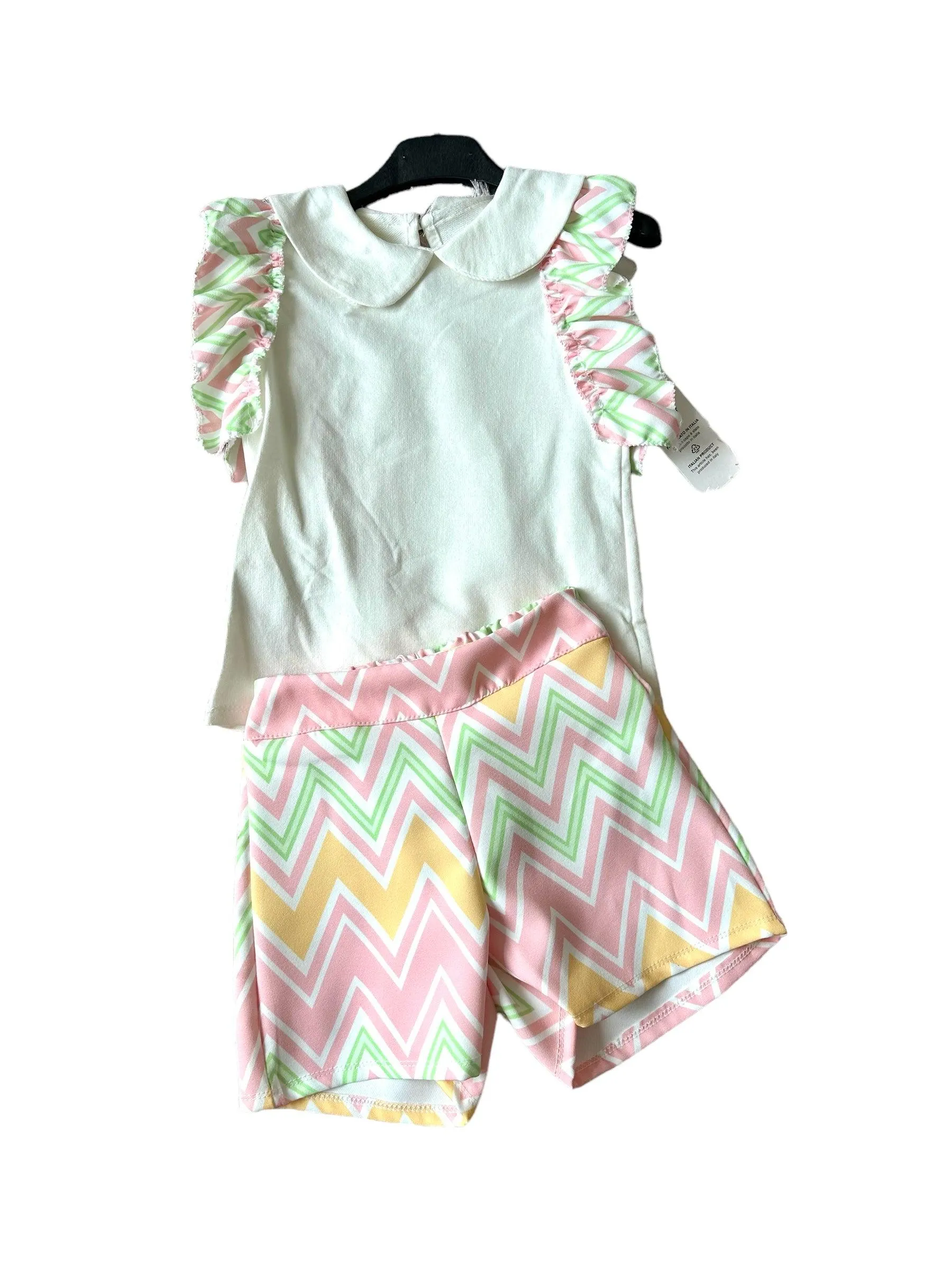 CLEARANCE SALE - Girls SS24 -  Yellow & Lime Multi Coloured Zig Zag Shorts & Top Summer Set 10yr