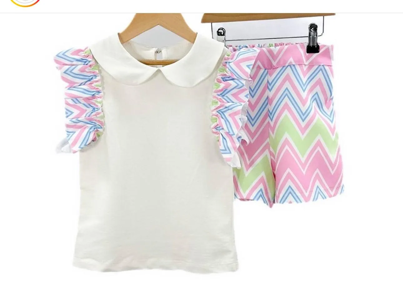 CLEARANCE SALE - Girls SS24 -  Yellow & Lime Multi Coloured Zig Zag Shorts & Top Summer Set 10yr