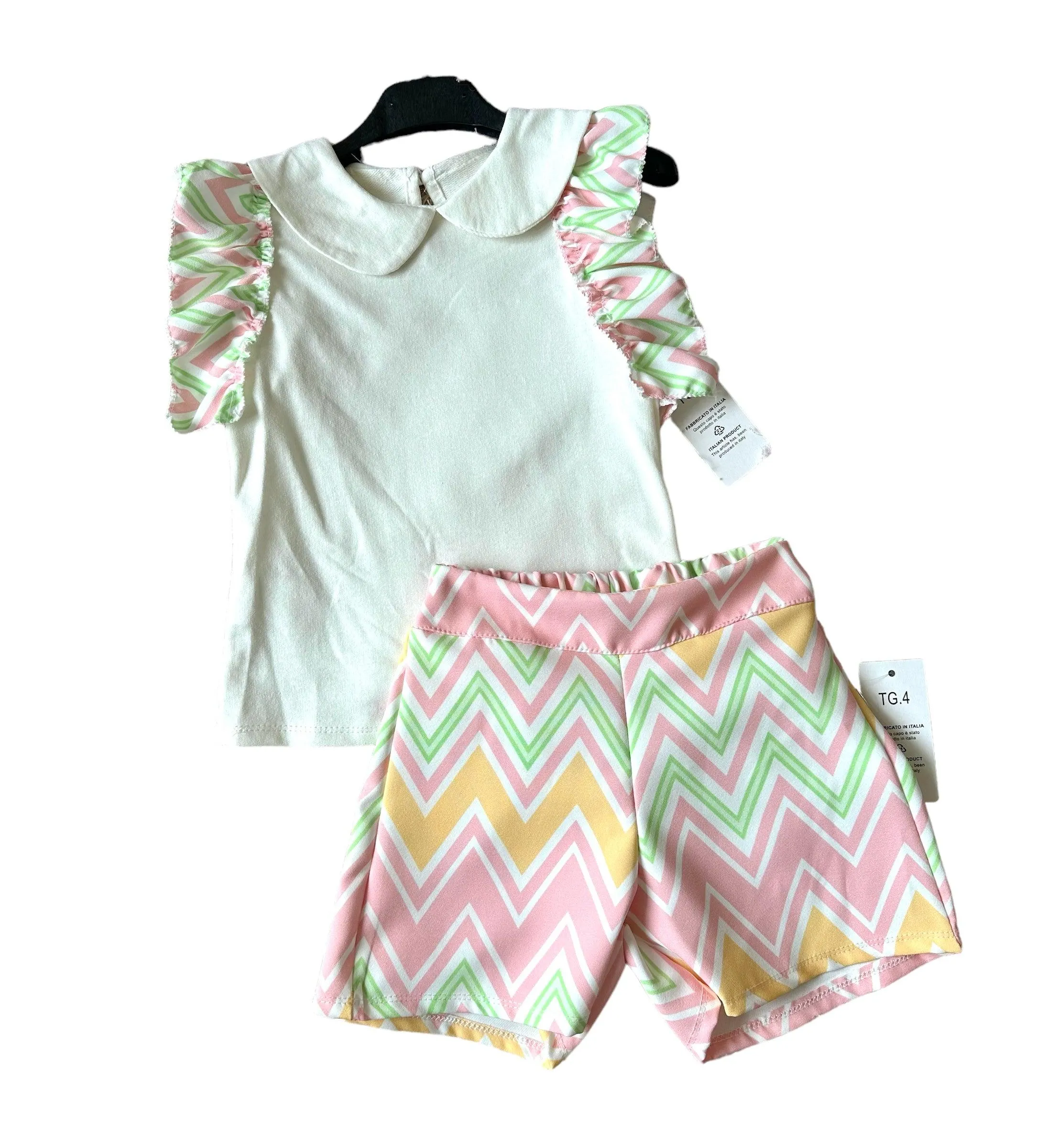 CLEARANCE SALE - Girls SS24 -  Yellow & Lime Multi Coloured Zig Zag Shorts & Top Summer Set 10yr