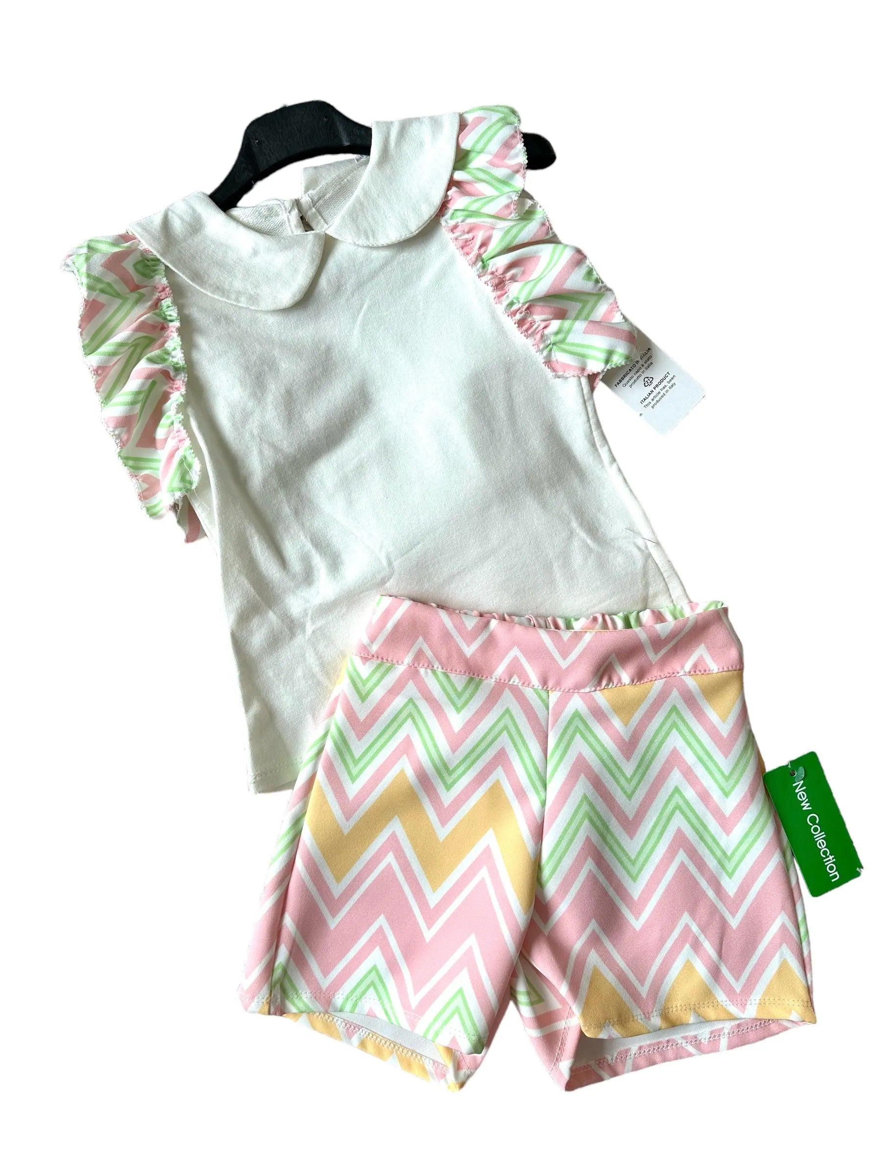 CLEARANCE SALE - Girls SS24 -  Yellow & Lime Multi Coloured Zig Zag Shorts & Top Summer Set 10yr