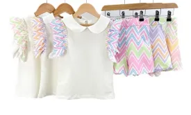 CLEARANCE SALE - Girls SS24 -  Yellow & Lime Multi Coloured Zig Zag Shorts & Top Summer Set 10yr