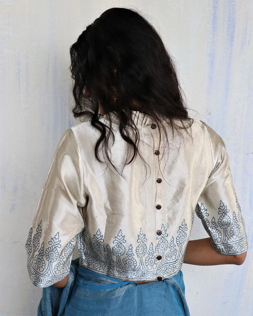 Cream Blue Blockprinted Mashru Silk Blouse