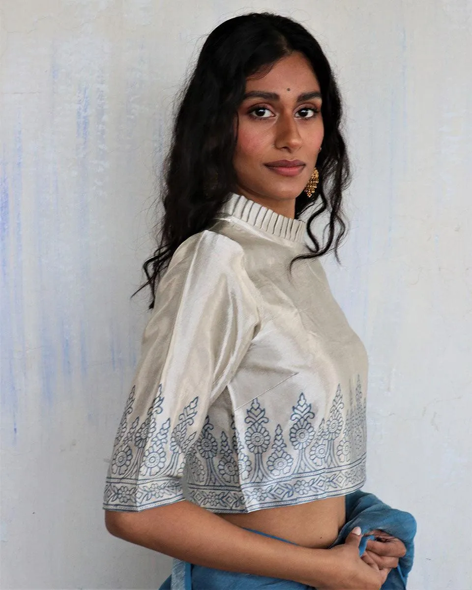 Cream Blue Blockprinted Mashru Silk Blouse