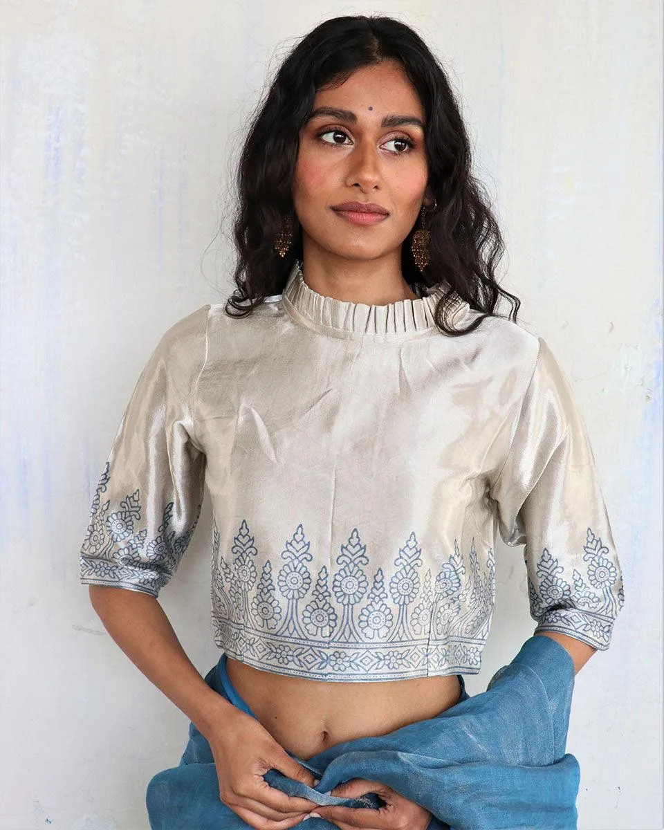 Cream Blue Blockprinted Mashru Silk Blouse