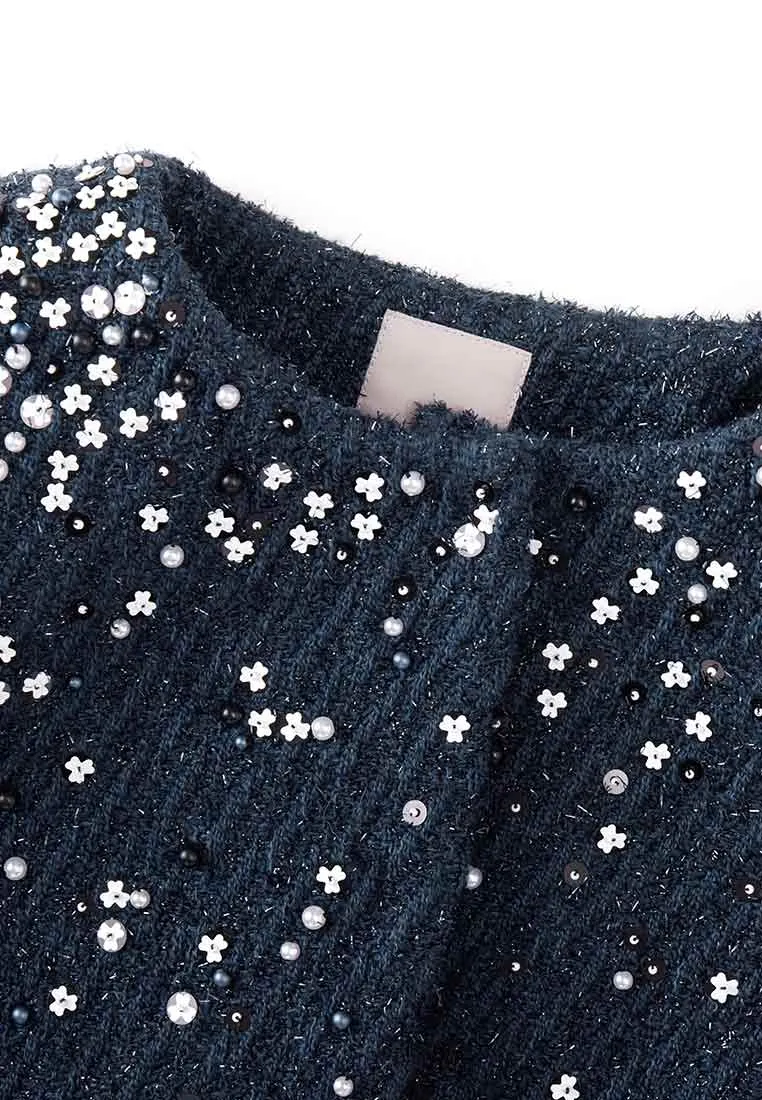 Dark Blue Rhinestone Lurex Tweed Cropped Jacket