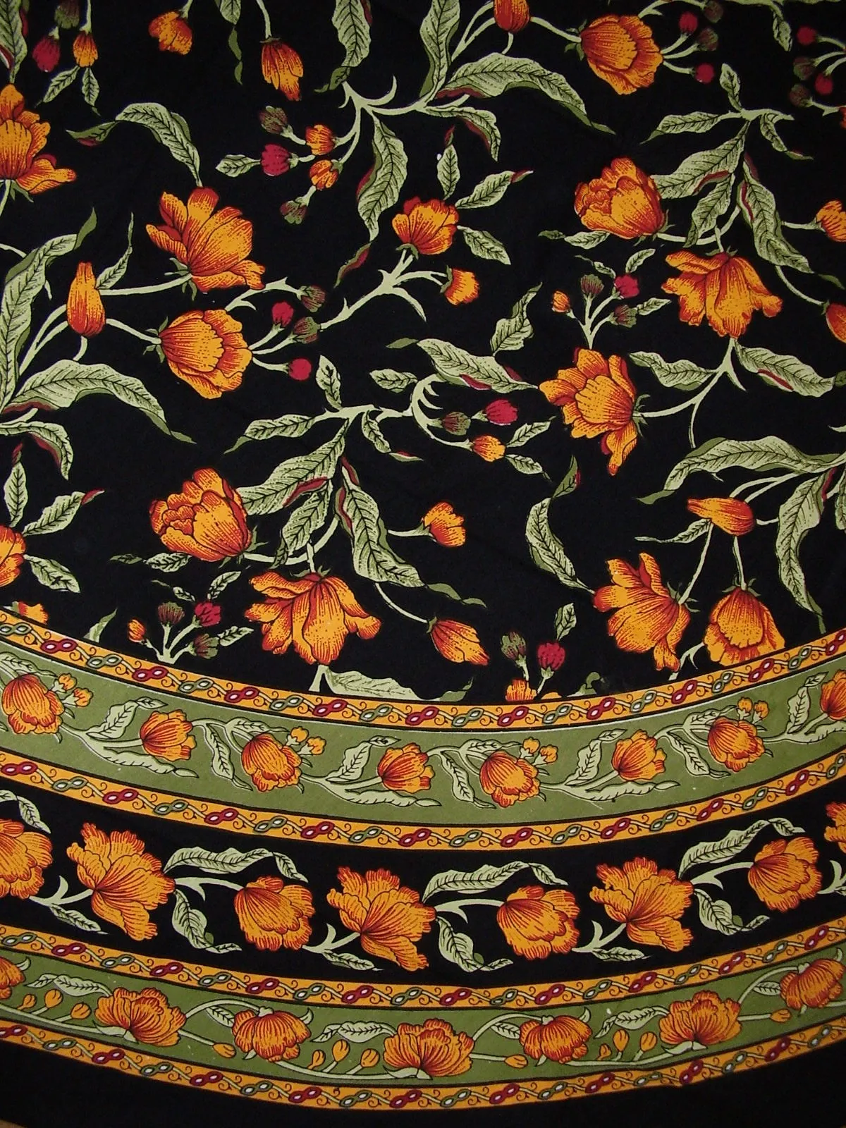 French Floral Round Cotton Tablecloth 88" Amber on Black