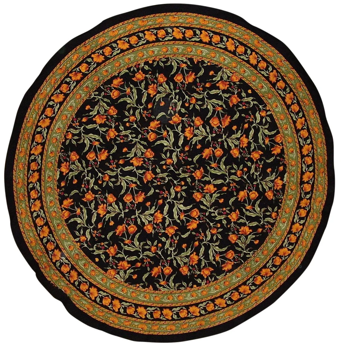 French Floral Round Cotton Tablecloth 88" Amber on Black