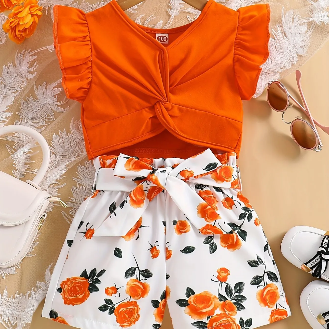 Girls’ 2-Piece Set: Orange Floral Wrap Top & High-Waist Shorts