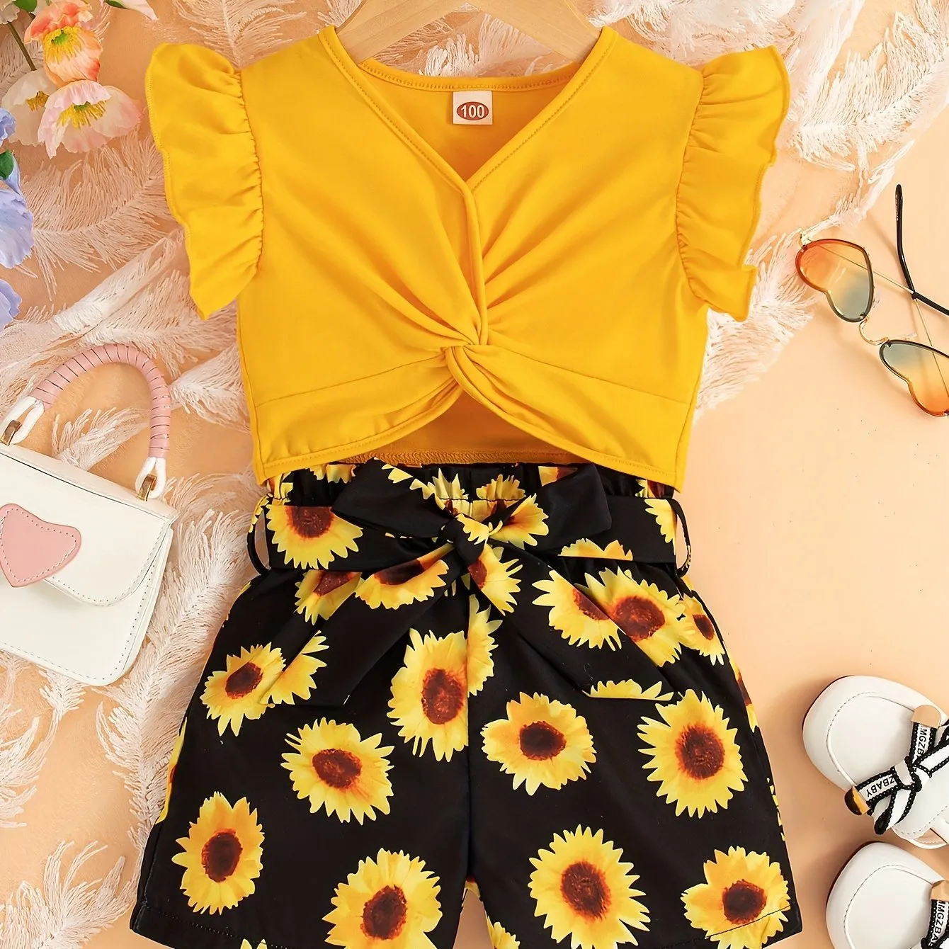 Girls’ 2-Piece Set: Orange Floral Wrap Top & High-Waist Shorts