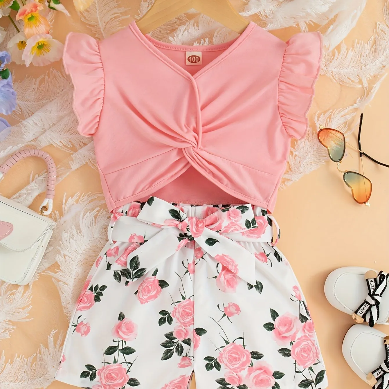 Girls’ 2-Piece Set: Orange Floral Wrap Top & High-Waist Shorts