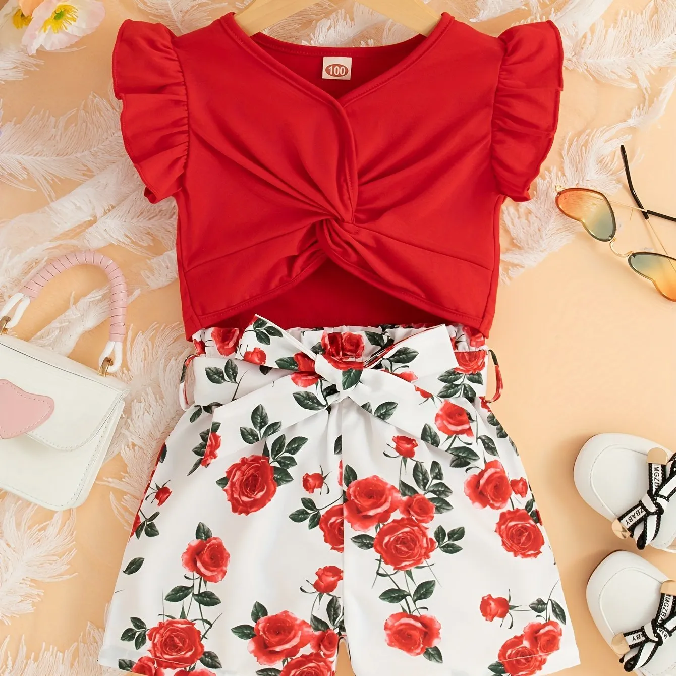 Girls’ 2-Piece Set: Orange Floral Wrap Top & High-Waist Shorts