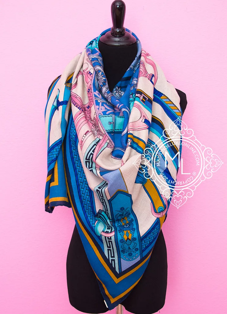 Hermes "Duo d'Etriers" Blue Pink Cashmere 140 GM Shawl Scarf